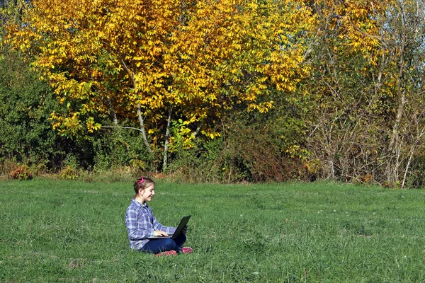 Happy little girl playing laptop in the park autumn season — Stock Photo, Image