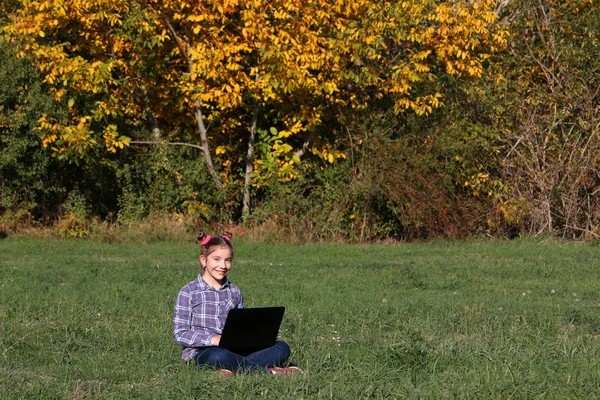 Linda menina sentada na grama e jogando laptop — Fotografia de Stock