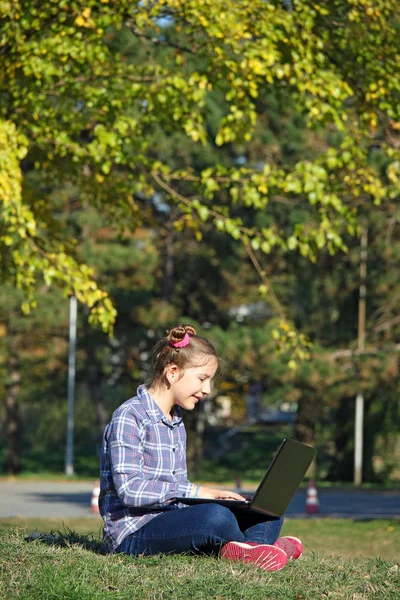 快乐的小女孩坐在草地上，打在公园的笔记本电脑 — 图库照片