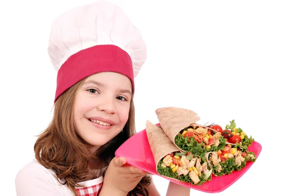 Šťastná holčička vařit s burritos — Stock fotografie