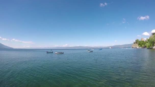 Лодки Озере Охрид Пейзаж — стоковое видео