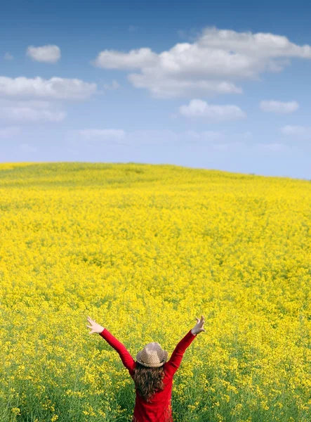 Happy little girl with hands up spring season — Stock Photo, Image