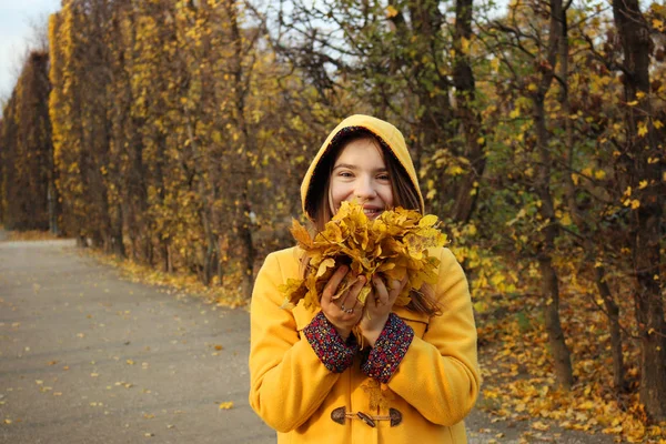 La chica con una chaqueta con capucha amarilla sostiene las hojas en sus manos un —  Fotos de Stock