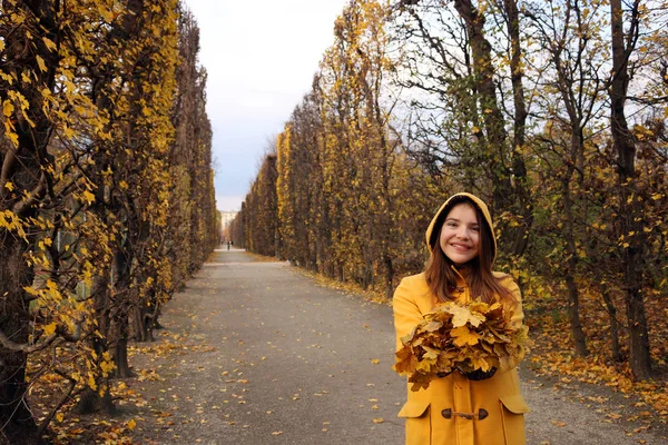 La chica con un abrigo amarillo con capucha sostiene las hojas en sus manos — Foto de Stock