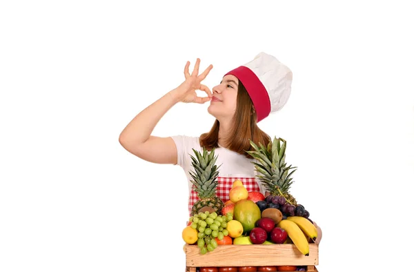 Cozinheiro Feminino Com Frutas Sinal Mão — Fotografia de Stock