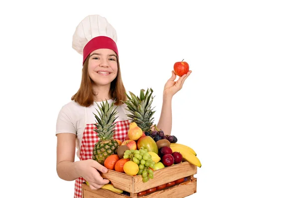 Cozinheiro Feminino Com Maçã Frutas Diferentes Caixa Madeira — Fotografia de Stock