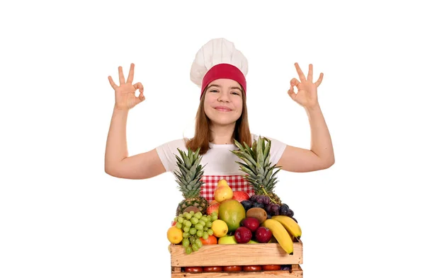 Cozinheiro Feminino Com Frutas Sinais Mão — Fotografia de Stock