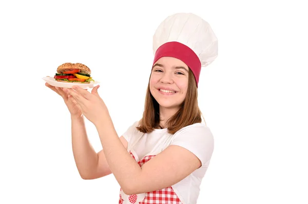 Cozinheiro Feminino Feliz Com Sanduíche Vegan — Fotografia de Stock