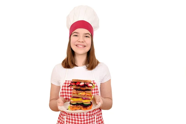 Cocinera Femenina Feliz Con Sándwich Verduras —  Fotos de Stock