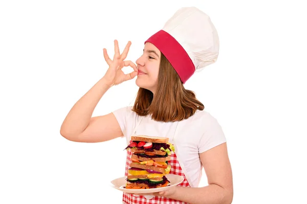 Köchin Mit Veggie Sandwich Und Handzeichen — Stockfoto