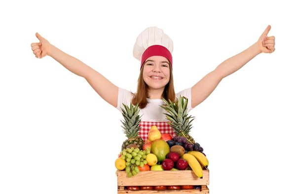 Heureuse Cuisinière Avec Des Fruits Des Pouces Vers Haut — Photo