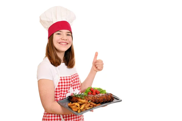 Chica Feliz Cocinar Con Costillas Cerdo Plato Pulgar Hacia Arriba — Foto de Stock
