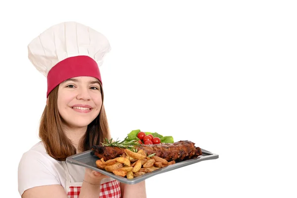 Happy Girl Cook Pork Spare Ribs Plate — Stock Photo, Image
