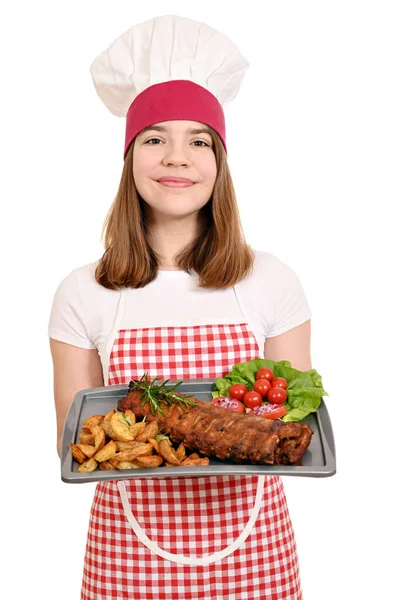 Menina Feliz Cozinhar Com Costelas Porco Reposição — Fotografia de Stock