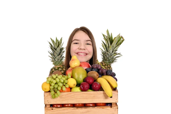 Menina Adolescente Feliz Com Fruta — Fotografia de Stock