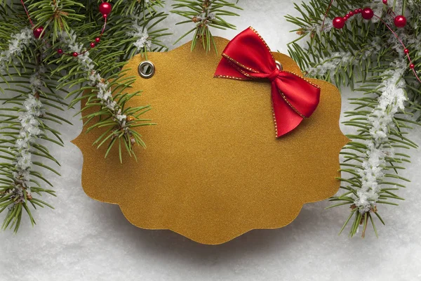Fondo de Navidad - tarjeta de papel en blanco y rama de abeto en sno —  Fotos de Stock