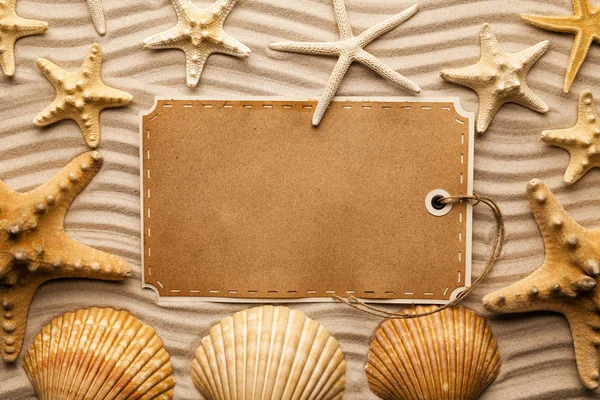 Étoile de mer, coquillages et feuille de papier vierge sur sable de plage — Photo