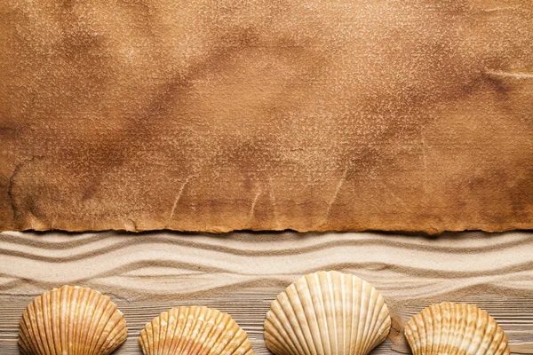 Conchiglie e foglio di carta sulla sabbia della spiaggia — Foto Stock