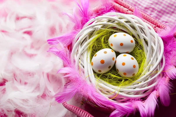 Beschilderde Pasen eieren in het nest en veel veren op achtergrond — Stockfoto