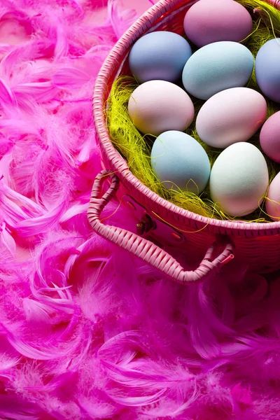 Veel gekleurde paaseieren in roze mand en veren in CHTERGRO — Stockfoto