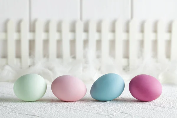 Quattro uova di Pasqua colorate, piume e recinzione su sfondo bianco — Foto Stock