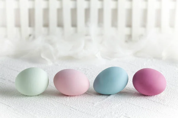 Quattro uova di Pasqua colorate, piume e recinzione su sfondo bianco — Foto Stock