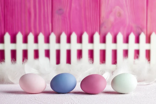 Uova di Pasqua colorate, piume bianche e recinzione su bac di legno rosa — Foto Stock