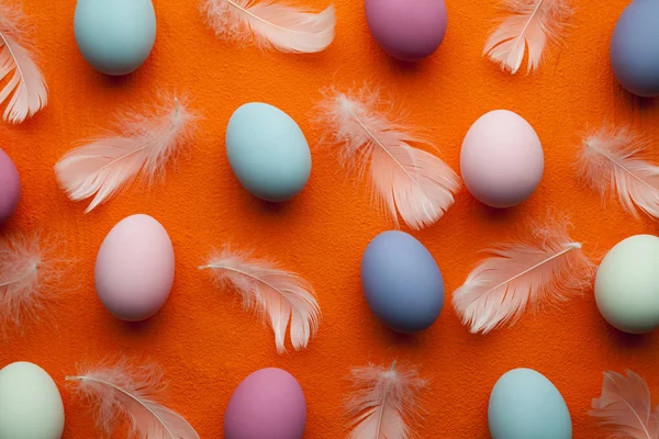 Pasen-achtergrond - gekleurde eieren en witte veren op oranje ba — Stockfoto