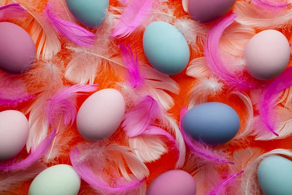 Pasen-achtergrond - gekleurde eieren en veren op oranje CHTERGRO — Stockfoto
