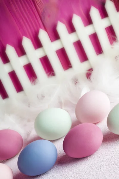 Цветные пасхальные яйца, белые перья и забор на розовом деревянном набережной — стоковое фото