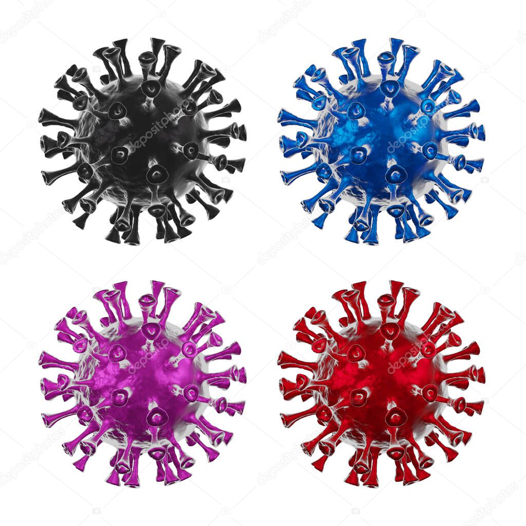 Coronavirus COVID-19. Model of virus under the microscope. 3d illustration model in four colors on a white background