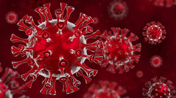 顕微鏡下のコロナウイルスCovid 19危険病原体 3Dレンダリング図 — ストック写真
