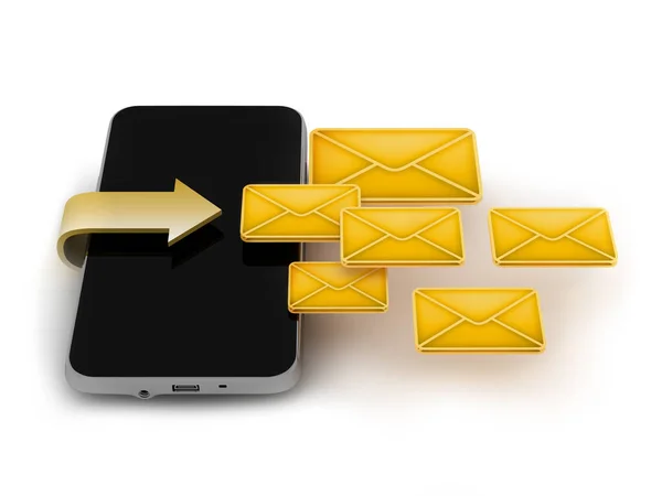 スマートフォン 携帯電話 空の黒い画面とテキストメッセージを象徴する黄色の封筒を持つ携帯電話 — ストック写真