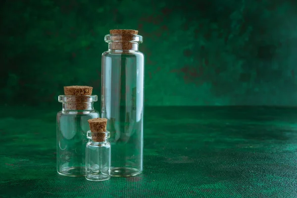 Empty Glass Test Tubes Bungs Green Background — Stock Photo, Image