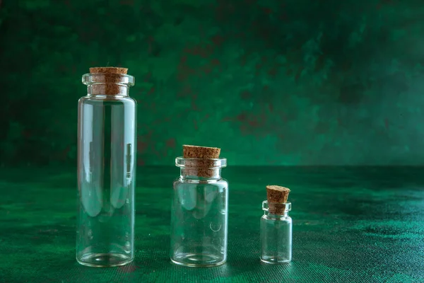 Empty Glass Test Tubes Bungs Green Background — Stock Photo, Image