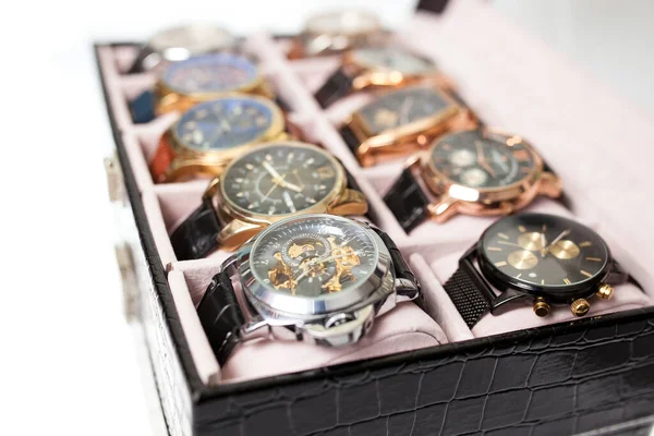 Boîte Rangement Avec Collection Montres Bracelets Hommes — Photo