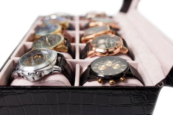 Caja Almacenamiento Con Colección Relojes Pulsera Los Hombres —  Fotos de Stock