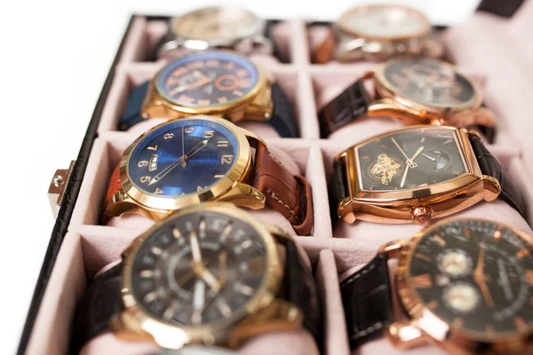 Scatola Stoccaggio Con Collezione Orologi Polso Uomo — Foto Stock