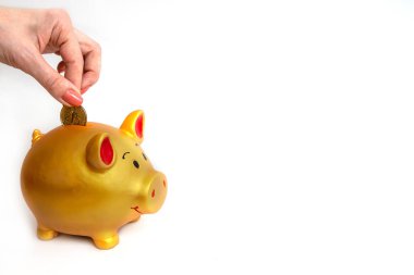 Kadın eli kumbaraya para koyuyor.