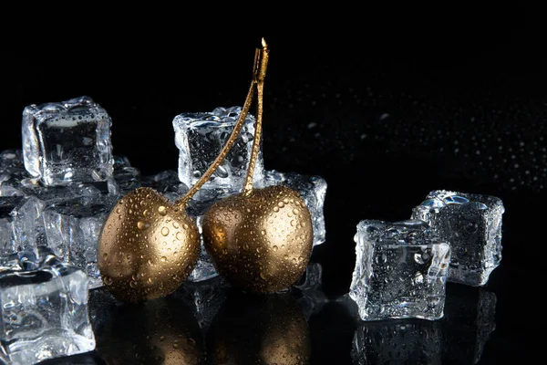 Golden Cherry Frozen Ice Black Background — Stock Photo, Image