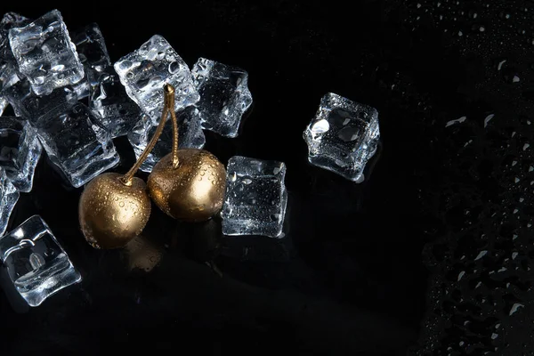 Golden Cherry Frozen Ice Black Background — Stock Photo, Image