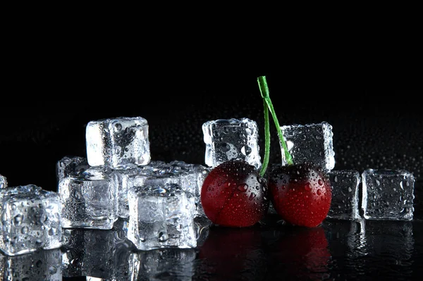Golden Cherry Frozen Ice Black Background — Stock Photo, Image