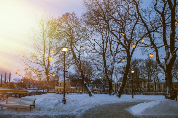 Lege Brench Een Winterpark Met Verlichting Achtergrond — Stockfoto
