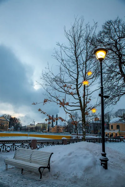 Lege Brench Een Winterpark Met Verlichting Achtergrond — Stockfoto