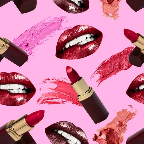 Colorful lipsticks, lip gloss, lips and smears seamless pattern. Beauty  background.