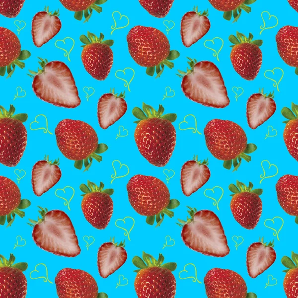 Nahtloser Hintergrund Mit Erdbeere Auf Blau Buntes Muster — Stockfoto