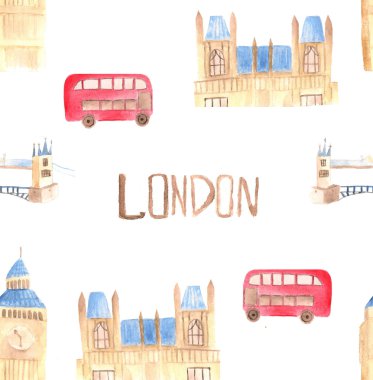 Suluboya Londra desen. Elle çizilmiş illüstrasyon kırmızı otobüs, Big Ben saat, evler, Parlamento, Tower bridge ile.