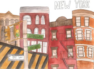  Suluboya New York mimarisi. Elle çizilmiş illüstrasyon