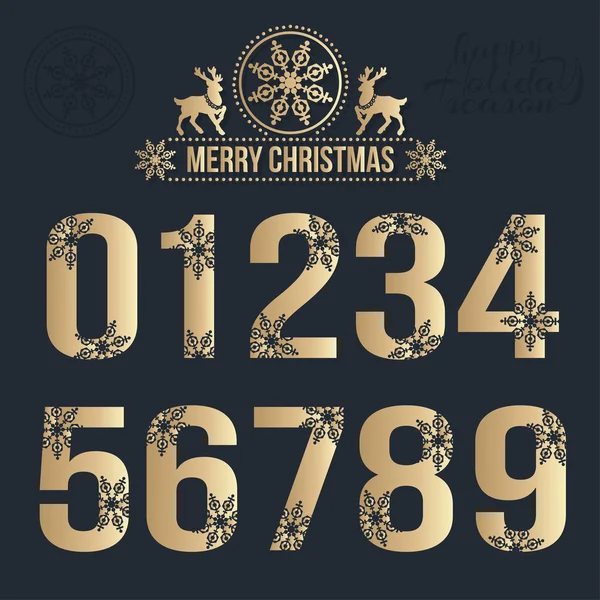 Set of Christmas golden alphabet with snowflakes. — Stock Vector