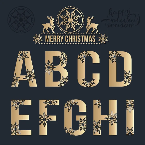 Set di alfabeto dorato natalizio con fiocchi di neve . — Vettoriale Stock